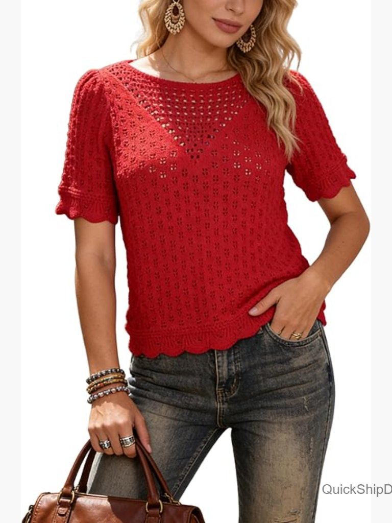 Cotton Crochet Knit Pullover Sweater With Scalloped Hem